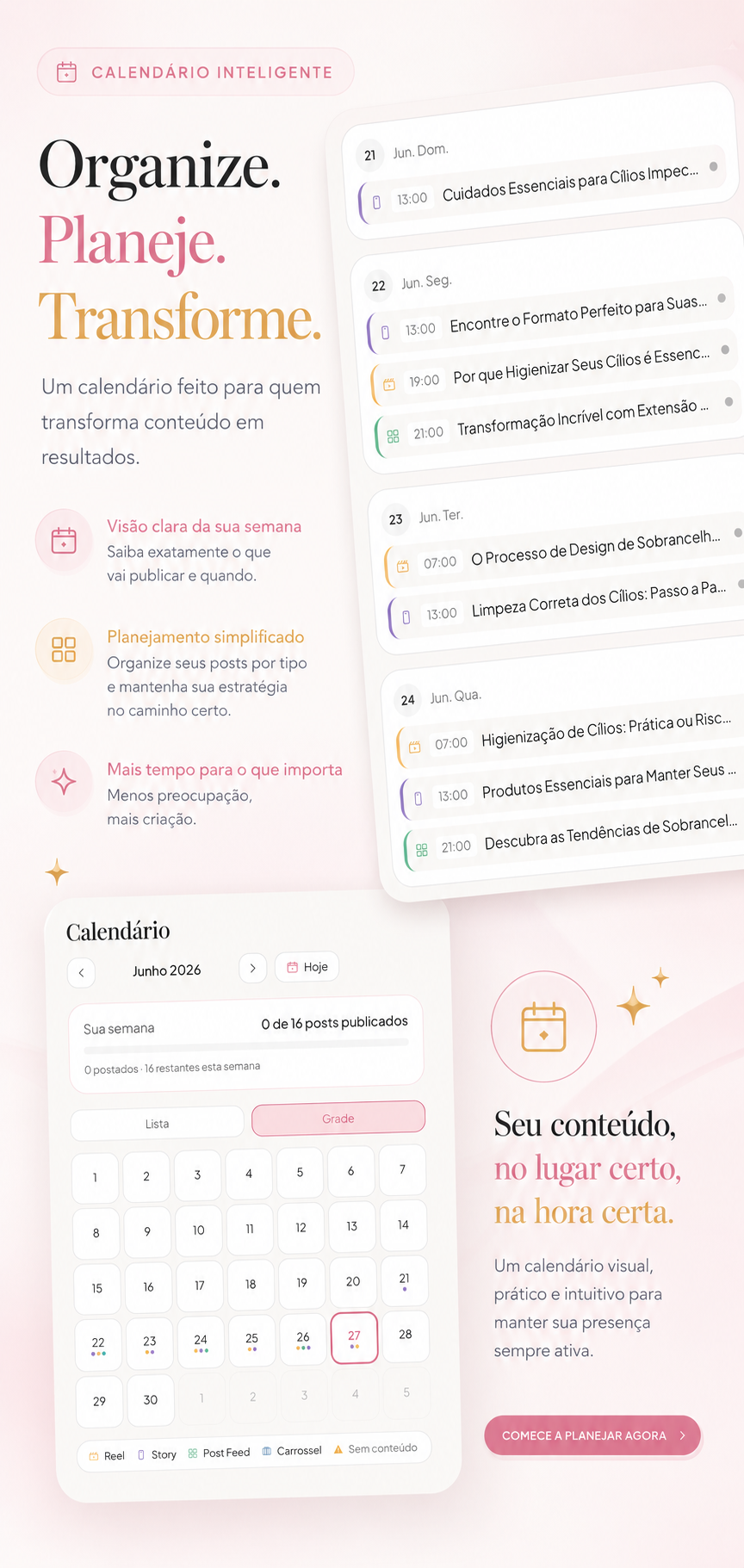 Calendário com reels organizados por dia